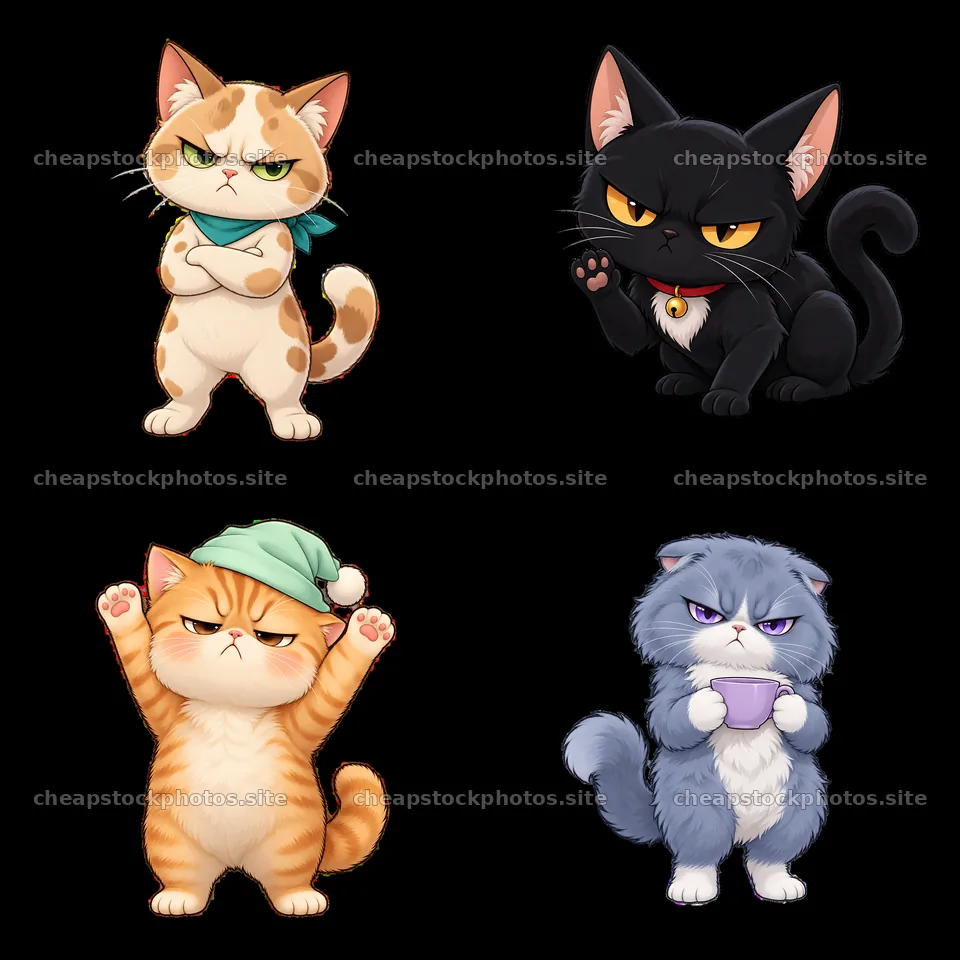 Kawaii grumpy cats in four distinct poses and colors – stock photos 7746x7746