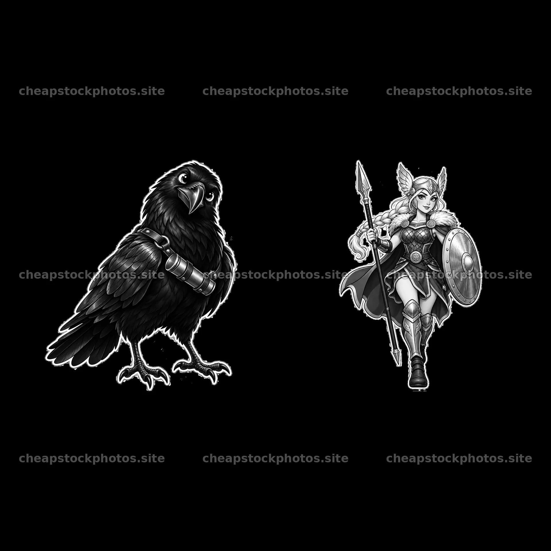 Odin's crow and valkyrie warrior duo in black and white – stock photos 7746x7746