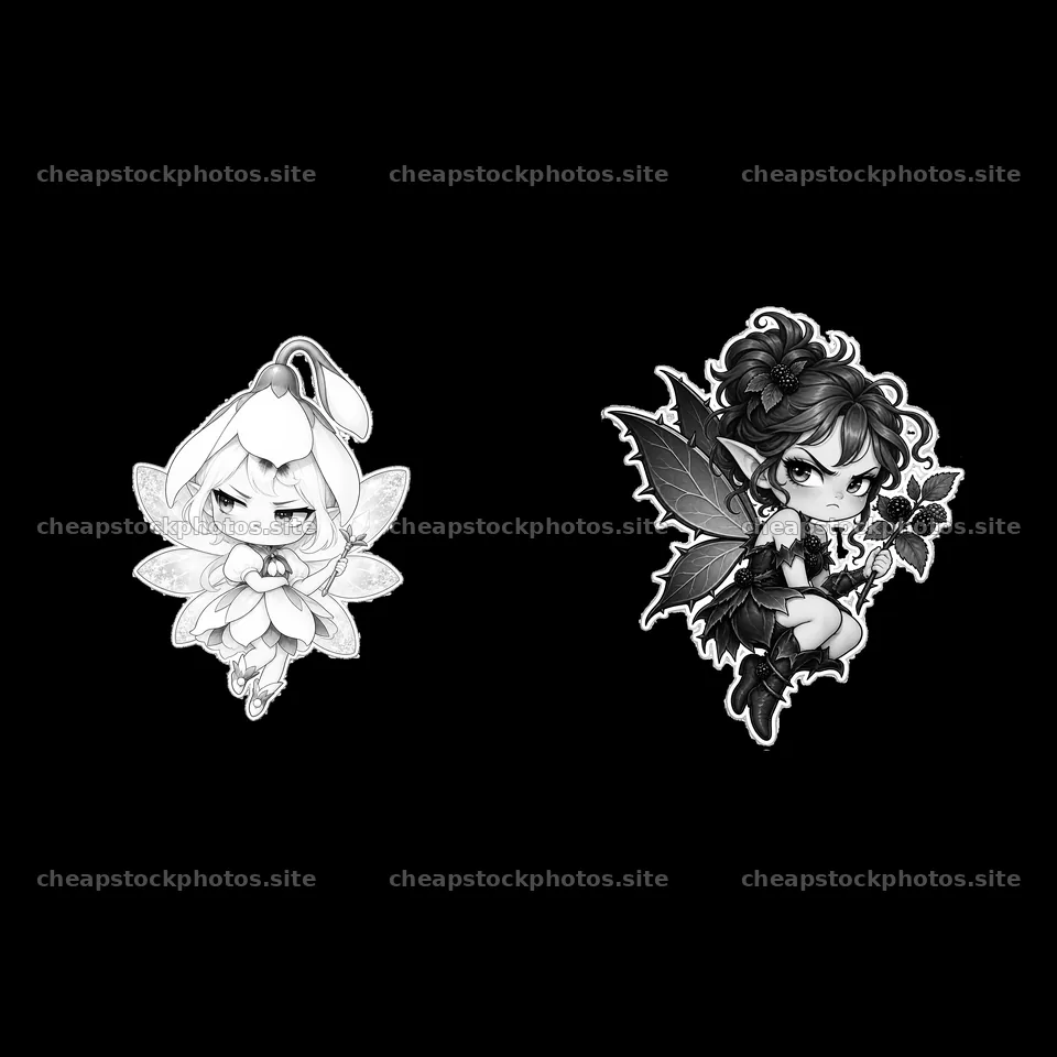 Kawaii grumpy fairy duo with flower and thorn accents – stock photos 7746x7746