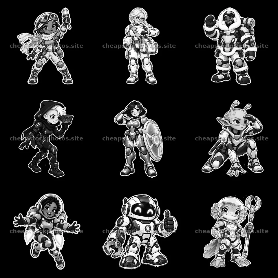 Kawaii futuristic super-soldiers in a 3x3 grid layout – stock photos 7746x7746
