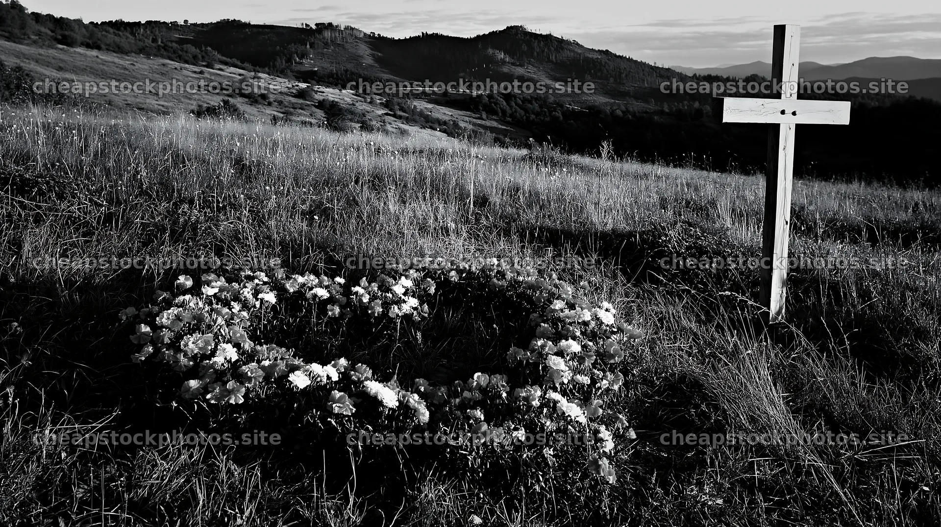 Christian cross in meadow with flowers in countryside – stock photos 10608x5938