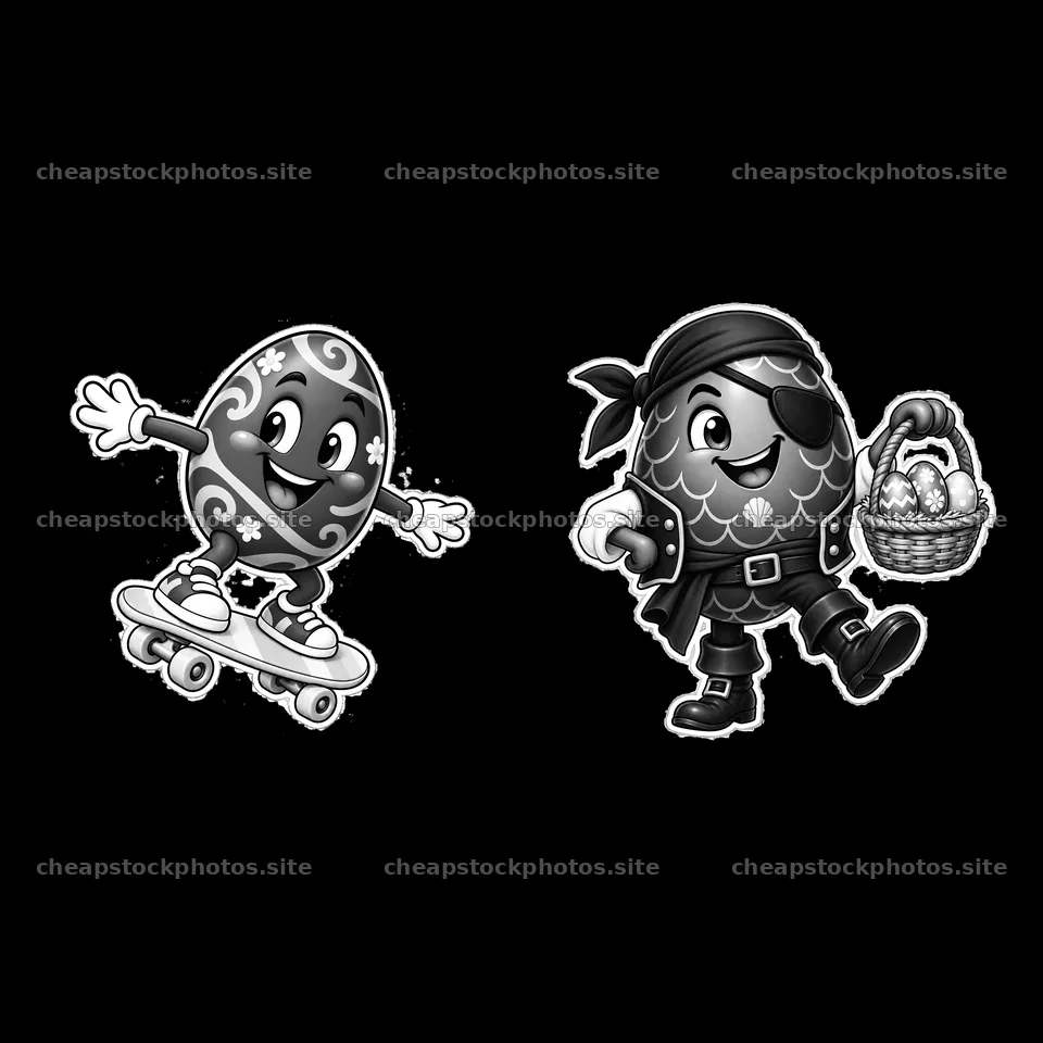 Colorful cartoon Easter eggs on skateboards and in pirate costumes – stock photos 7746x7746