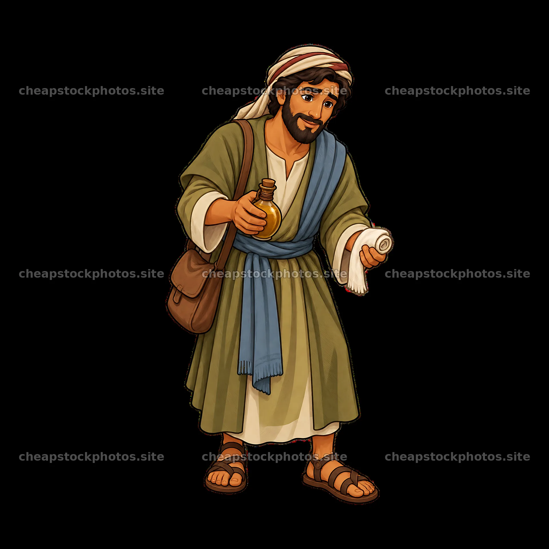 Jesus holding a scroll and a bottle with a bag on his shoulder – stock photos 7746x7746