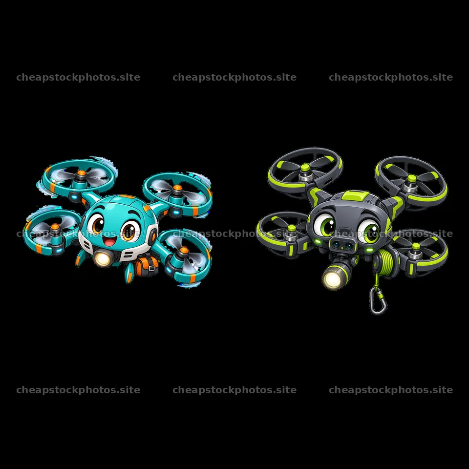 Cartoon drones with playful designs and bright colors – stock photos 7746x7746