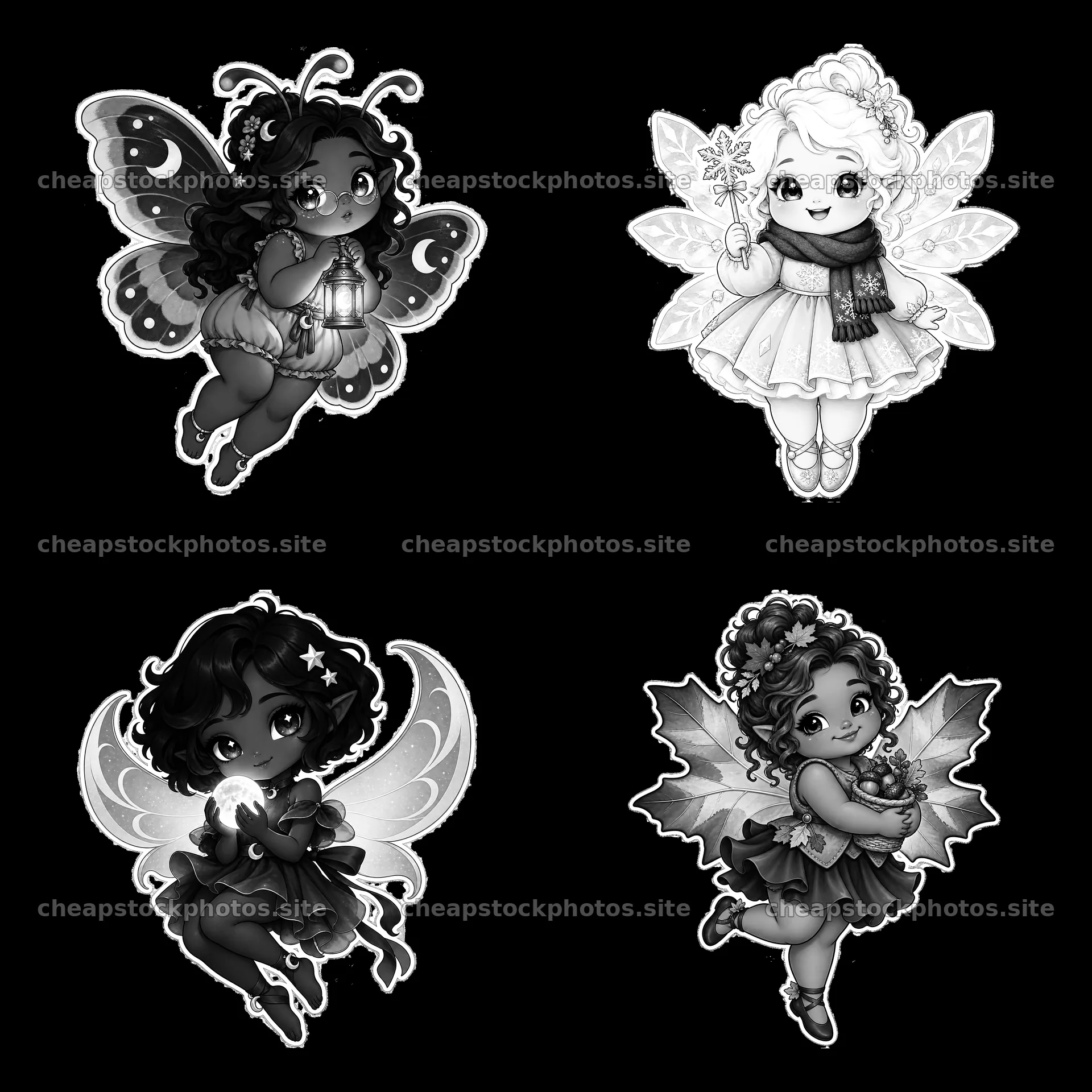 Kawaii chubby fairies with lanterns and flowers in black and white – stock photos 7746x7746