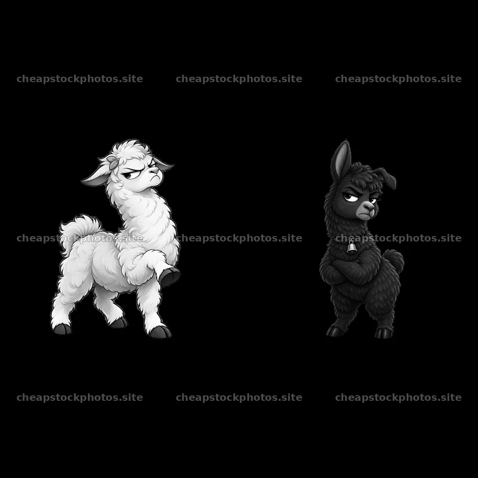 Grumpy llama characters in monochrome cartoon style – stock photos 7746x7746