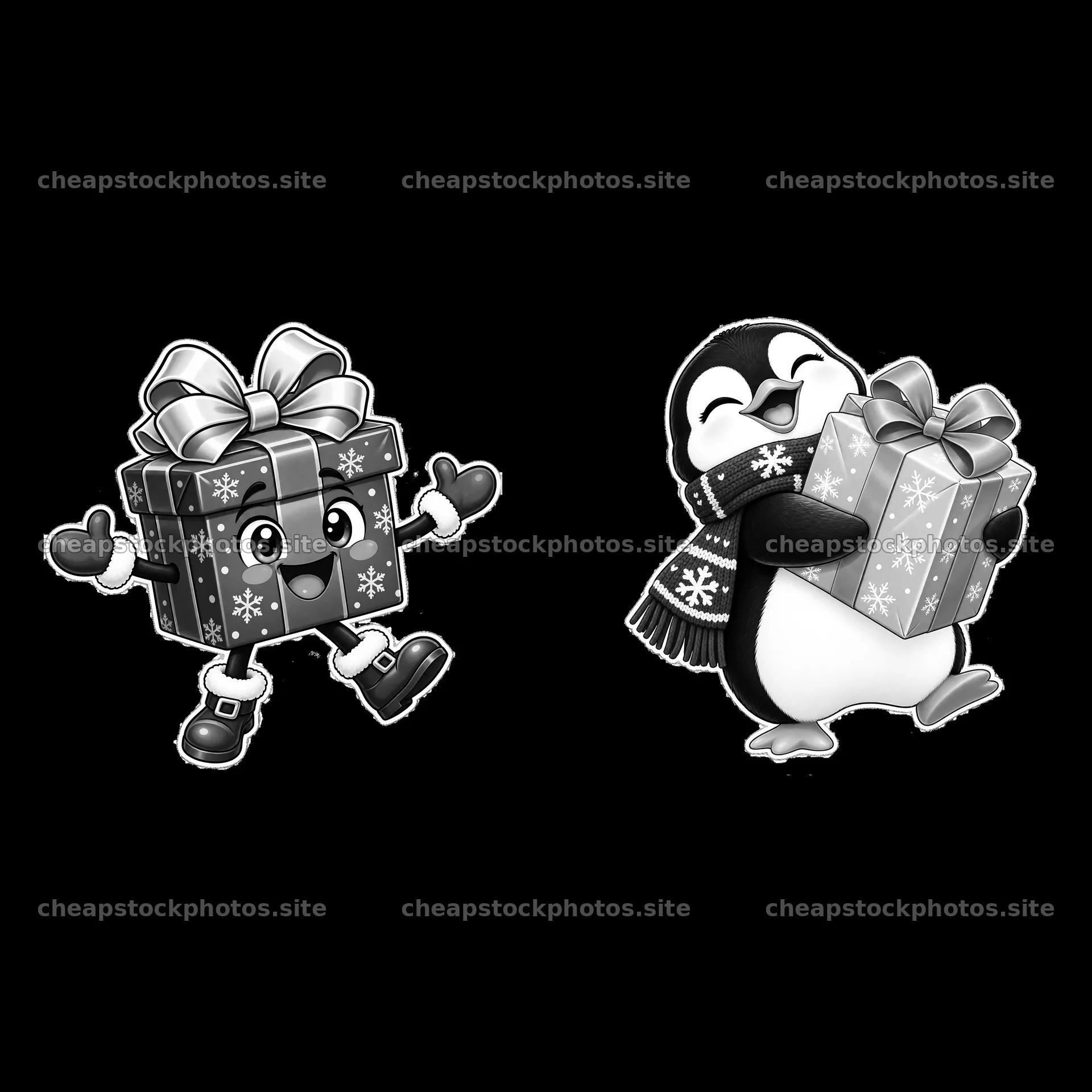 Cheerful cartoon gift box and penguin holding presents – stock photos 7746x7746