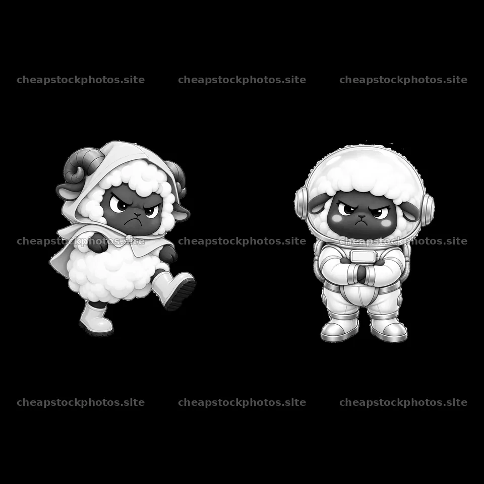 Grumpy sheep cartoon characters in space suits and hooded cloak – stock photos 7746x7746