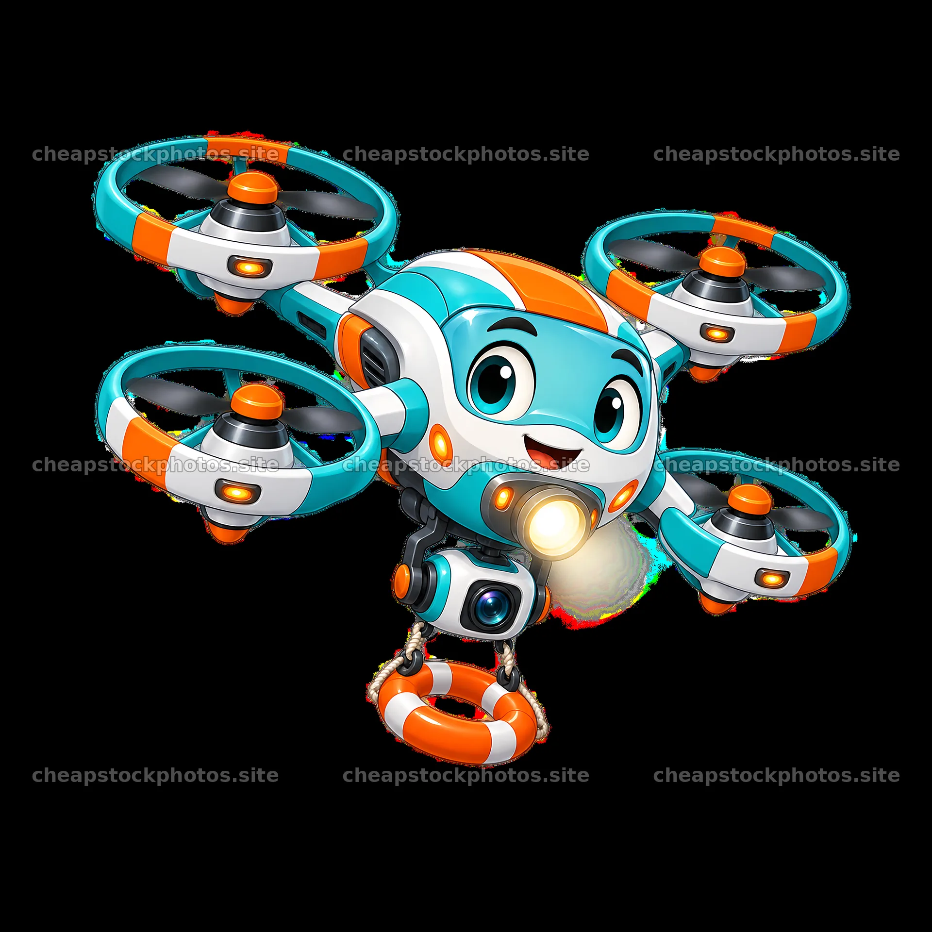 Cute cartoon drone character with smiling face and safety buoy – stock photos 7746x7746