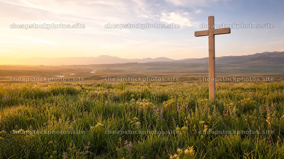 Wooden Christian cross in a meadow at sunrise – stock photos 10584x5952