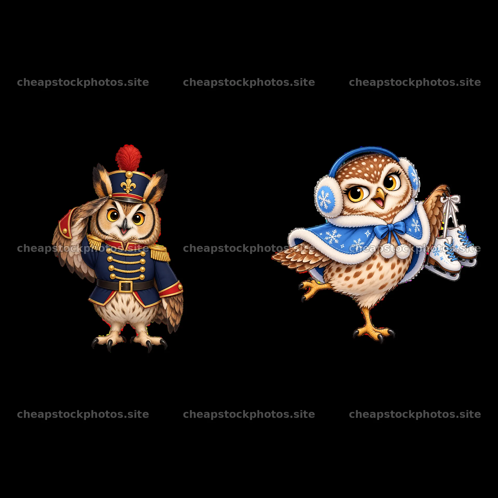 Christmas owls in festive outfits with ice skates – stock photos 7746x7746