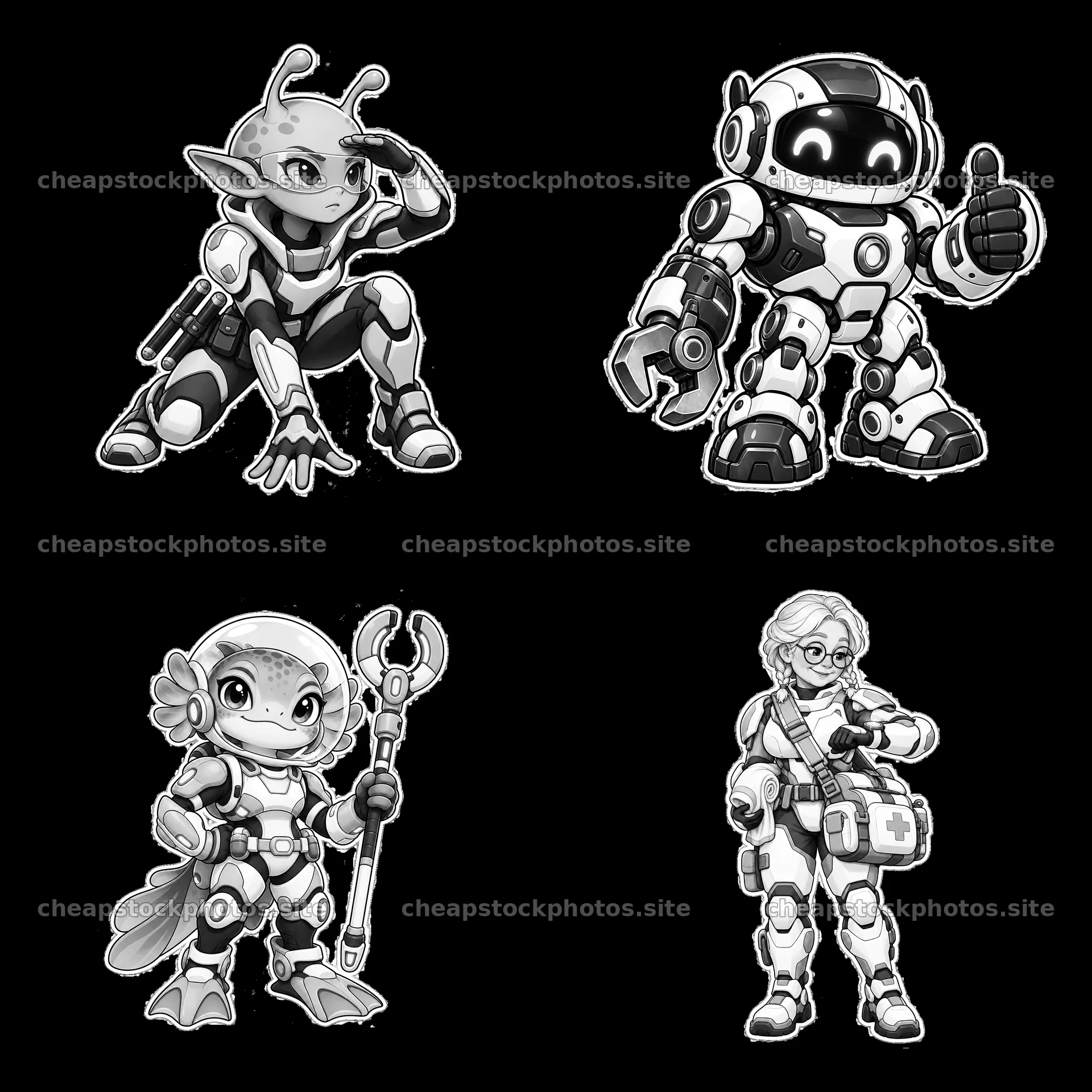 Kawaii futuristic super-soldier cartoon characters in a 2x2 grid – stock photos 7746x7746