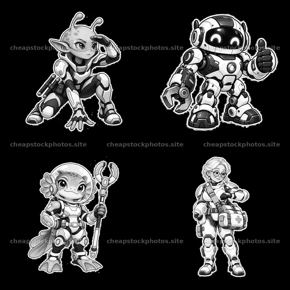 Kawaii futuristic super-soldier cartoon characters in a 2x2 grid – stock photos 7746x7746