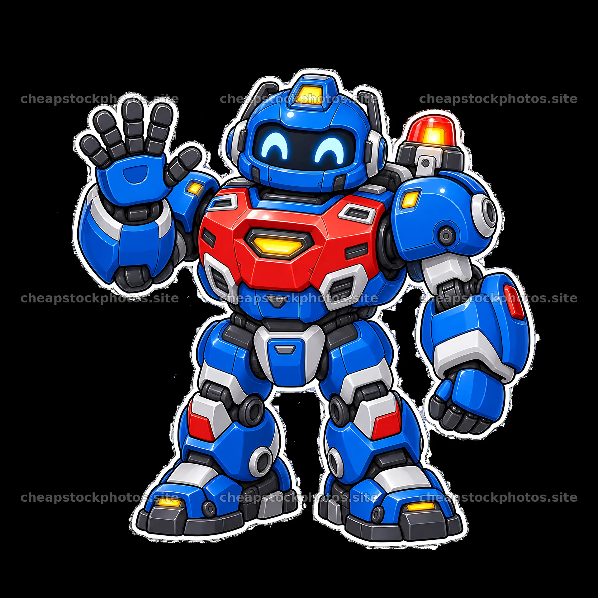 Friendly blue mech robot waving hello – stock photos 7746x7746