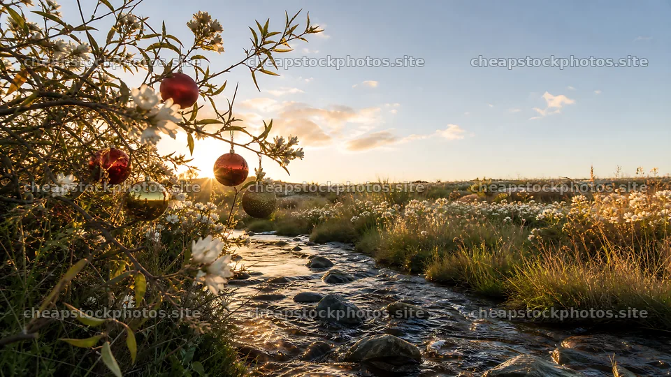 Ornaments hanging above a stream in a meadow at sunset – stock photos 10584x5952