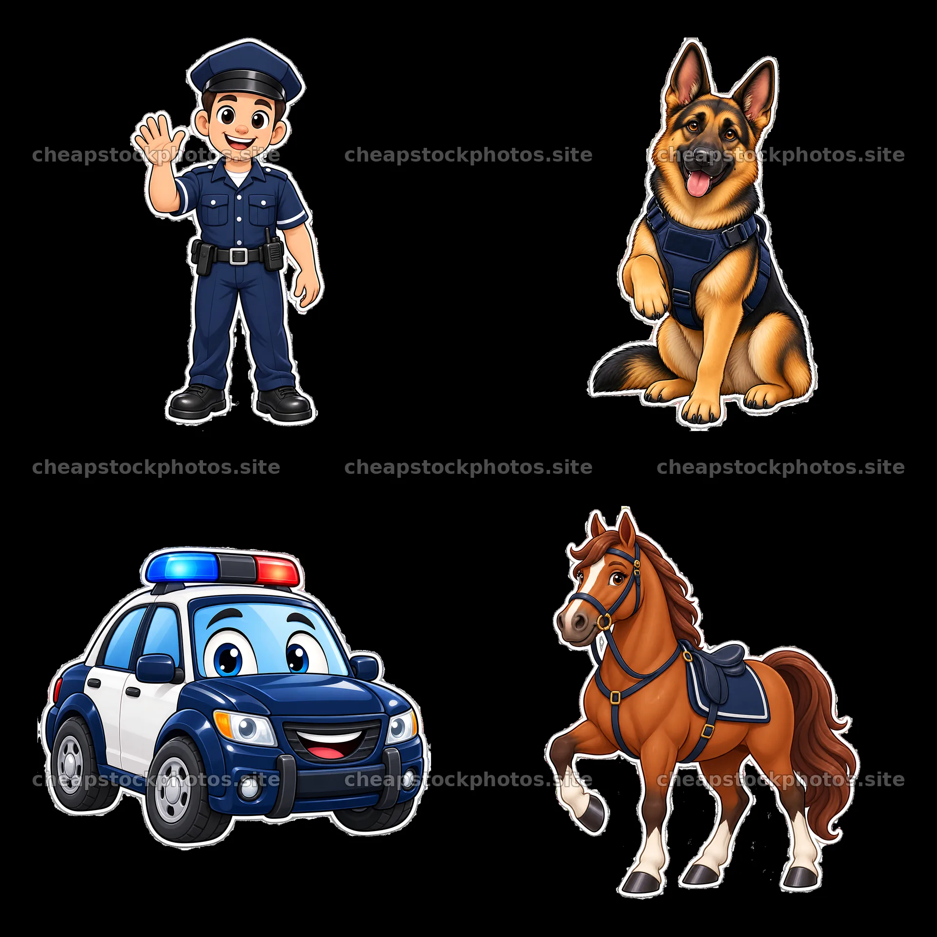 Police officer, police car, dog, and horse cartoon stickers – stock photos 7746x7746