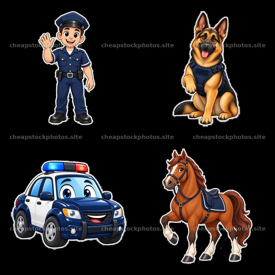 Police officer, police car, dog, and horse cartoon stickers – stock photos 7746x7746