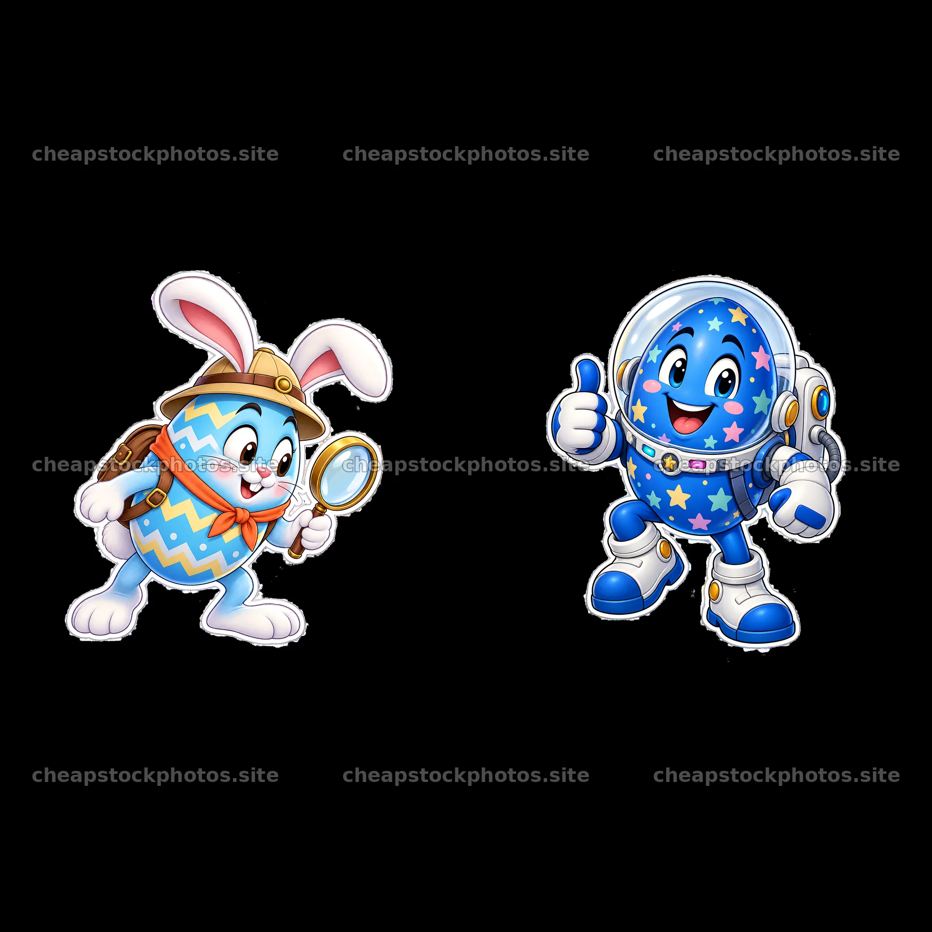 Happy Easter characters with bunny and decorated egg – stock photos 7746x7746