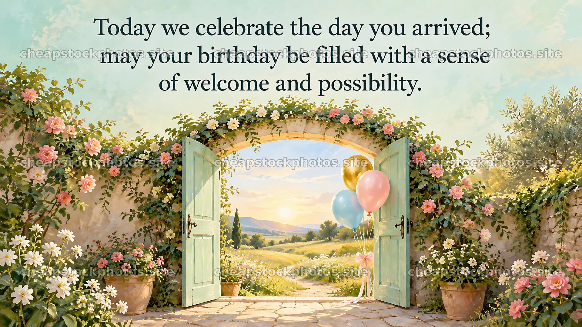 Birthday Greeting at a Flower-Covered Garden Gate – stock photos 10324x5812