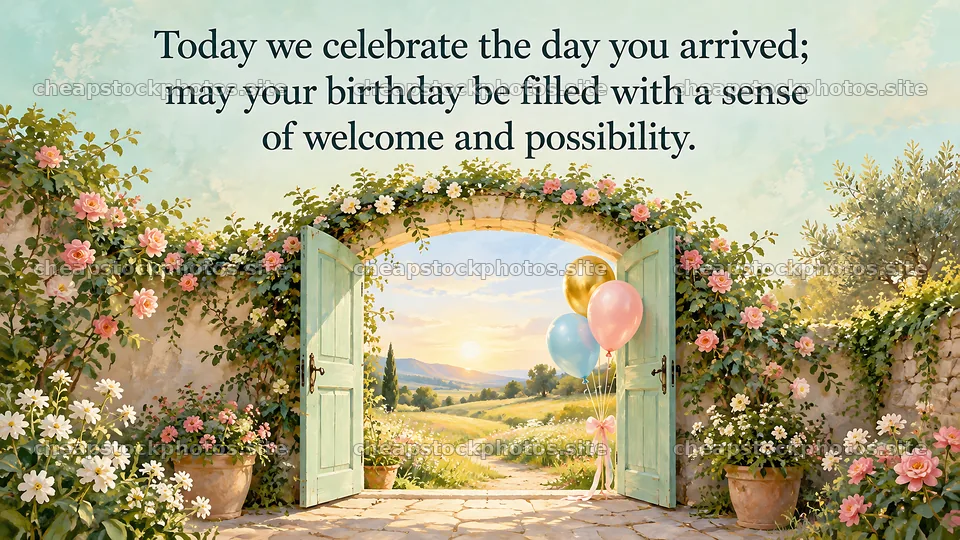 Birthday Greeting at a Flower-Covered Garden Gate – stock photos 10324x5812