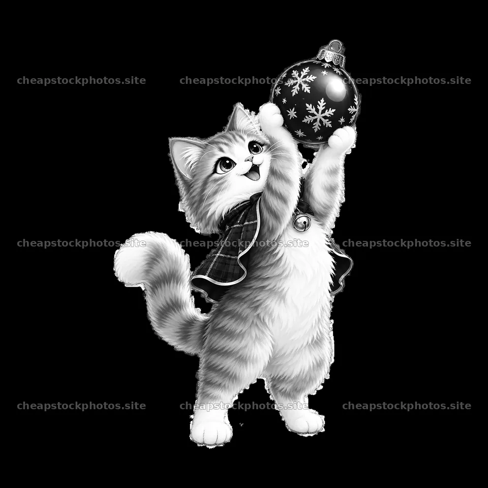 Cat reaching for a black Christmas ornament with snowflakes – stock photos 7746x7746