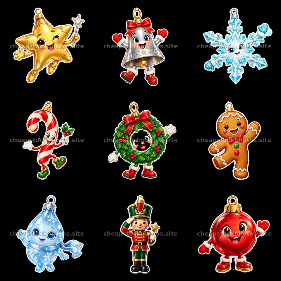 Colorful Christmas ornaments in a 3x3 grid layout – stock photos 7746x7746