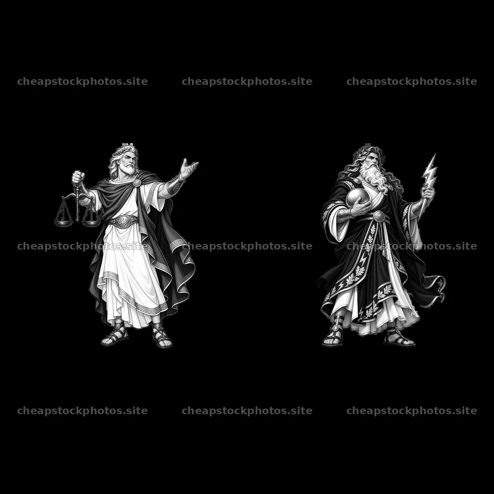 Zeus holding scales and lightning with dramatic poses – stock photos 7746x7746