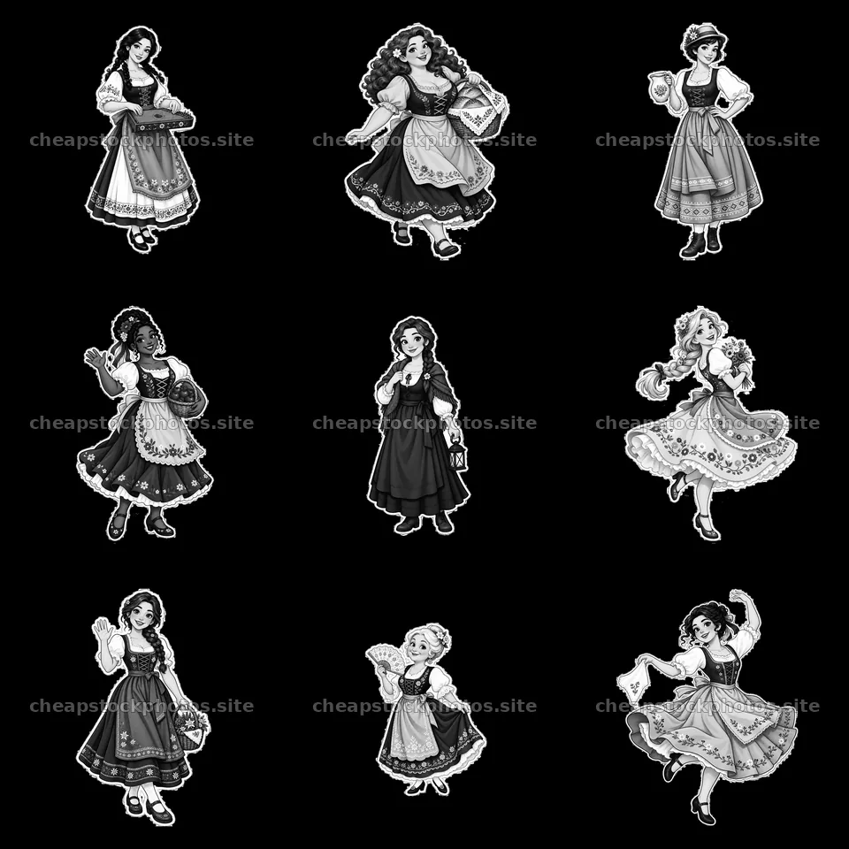 Women in traditional folk dress showcasing different activities – stock photos 7746x7746