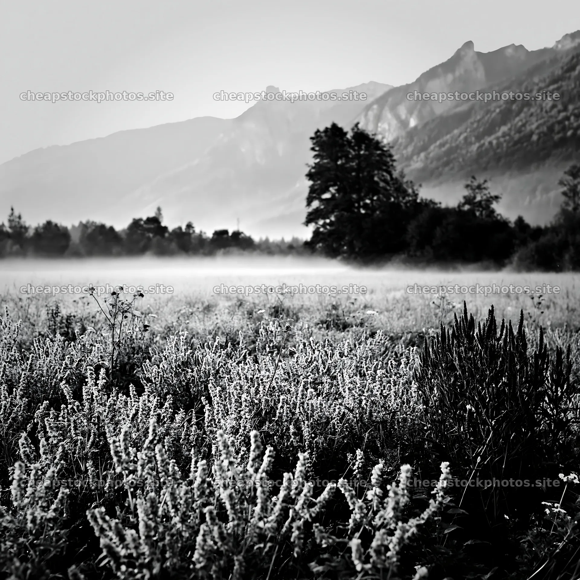 Regenerative meadow with flowers and mountains in the background – stock photos 7938x7938