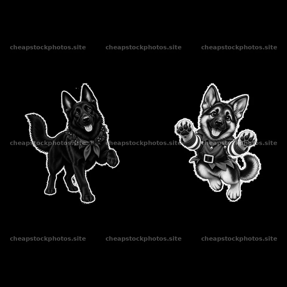 Christmas German Shepherd sticker in black and white design – stock photos 7746x7746