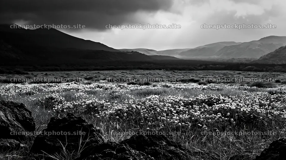 Kumamoto volcanic meadow dark rock foreground with hills – stock photos 10608x5938