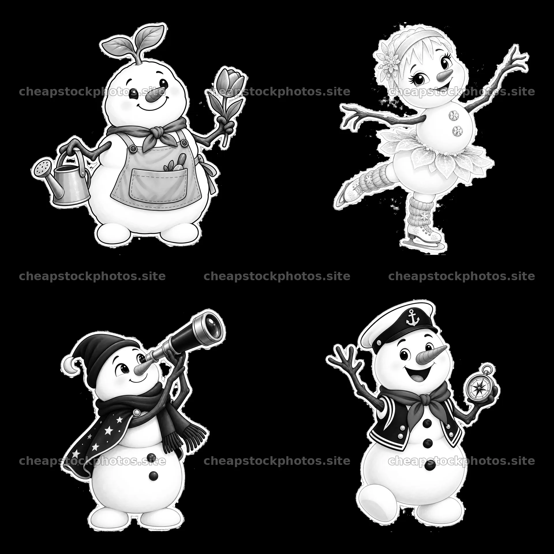 Four cartoon snowman characters engaging in different activities – stock photos 7746x7746