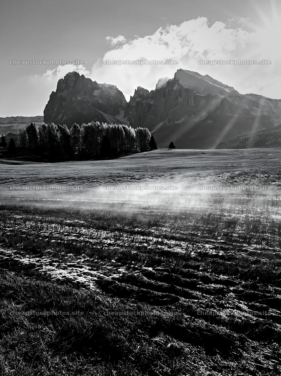 Alpe di Siusi meadow sunbeams create morning light effects – stock photos 6866x9174