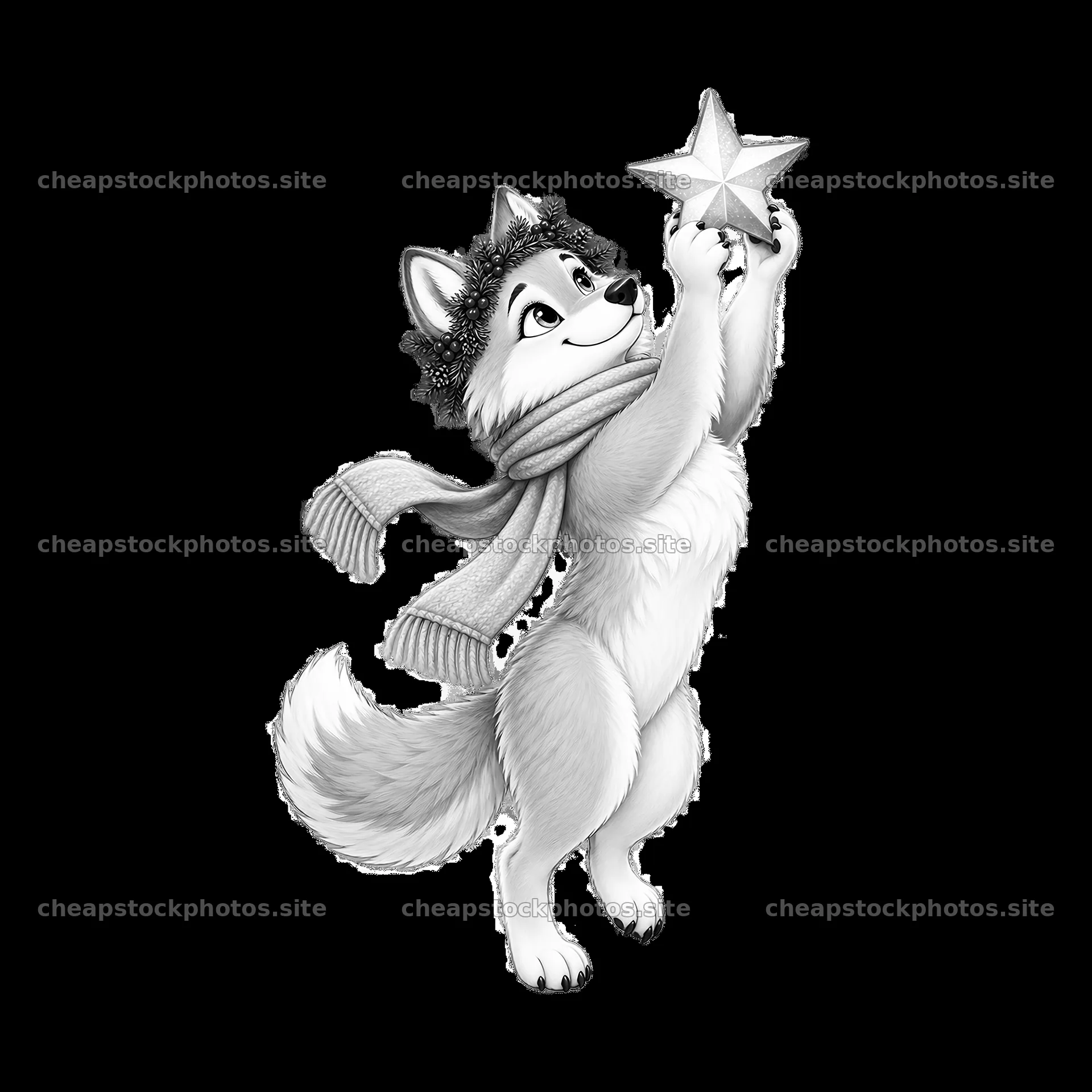 Christmas wolf celebrating with a star in its paws – stock photos 7746x7746