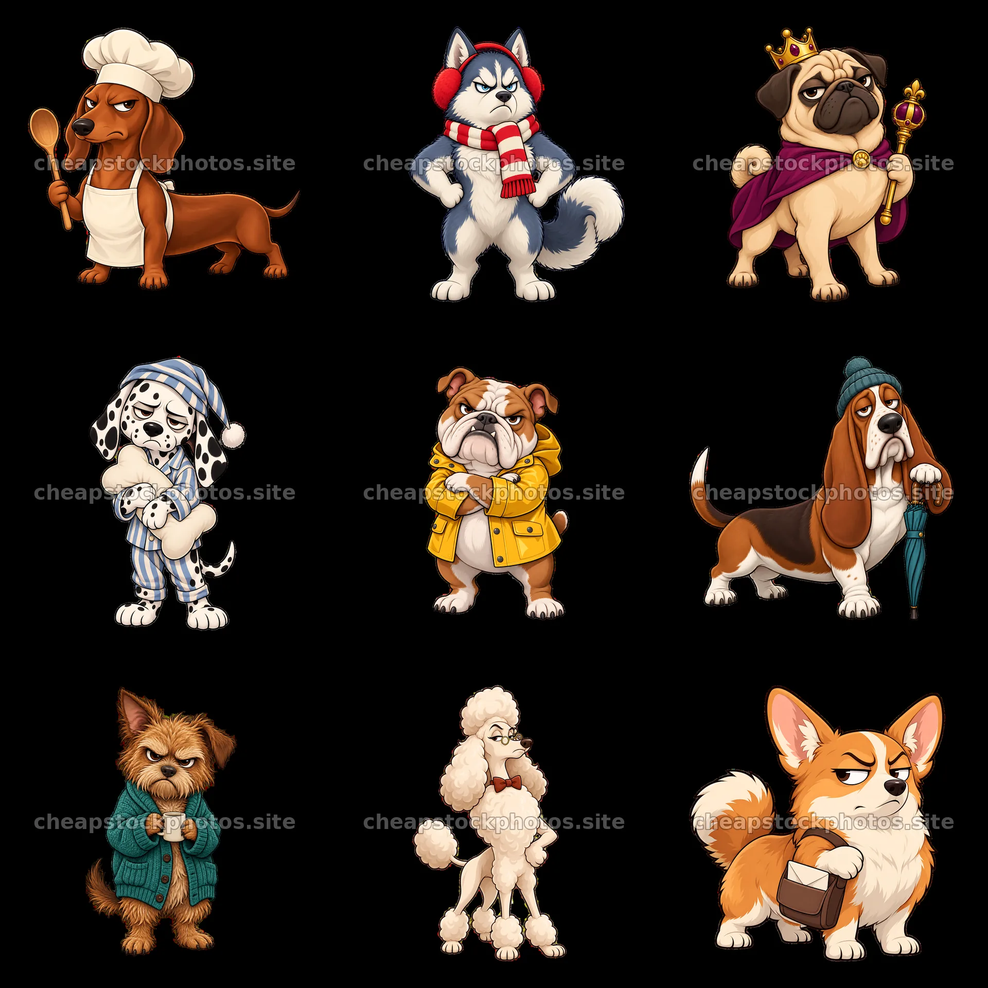 Grumpy dog cartoon stickers in a colorful 3x3 layout – stock photos 7746x7746