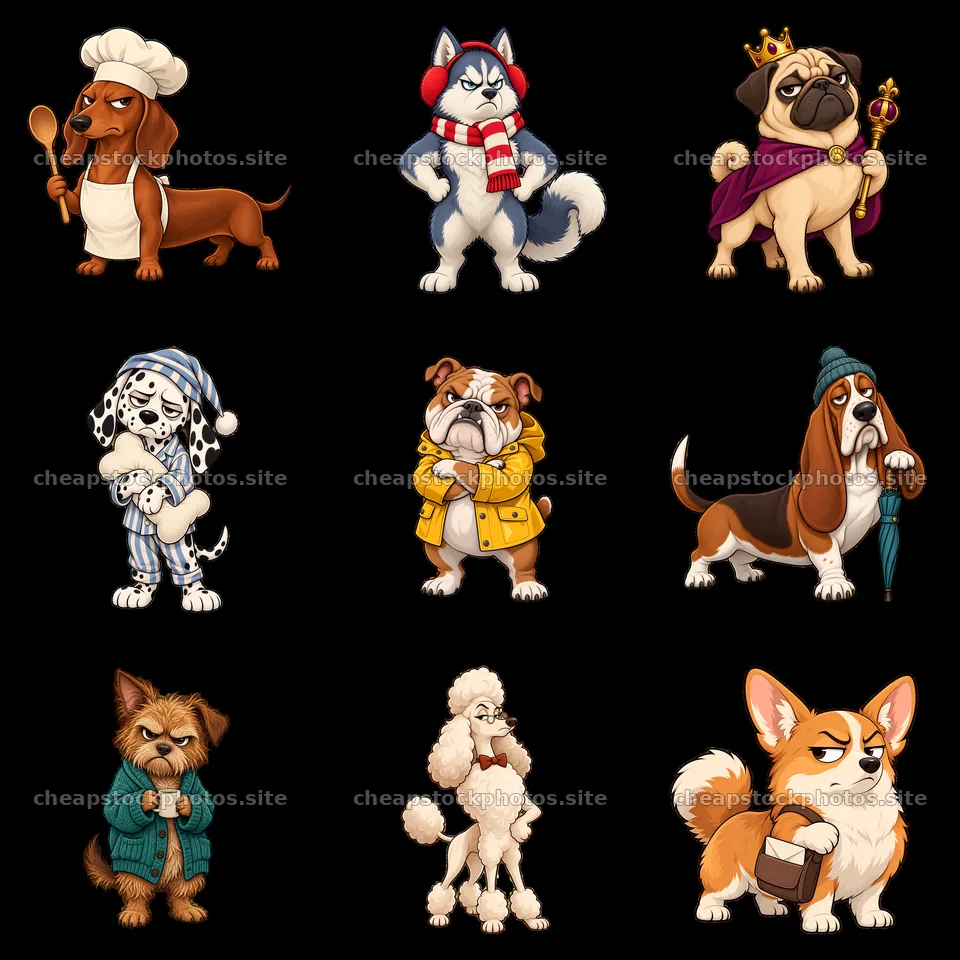 Grumpy dog cartoon stickers in a colorful 3x3 layout – stock photos 7746x7746