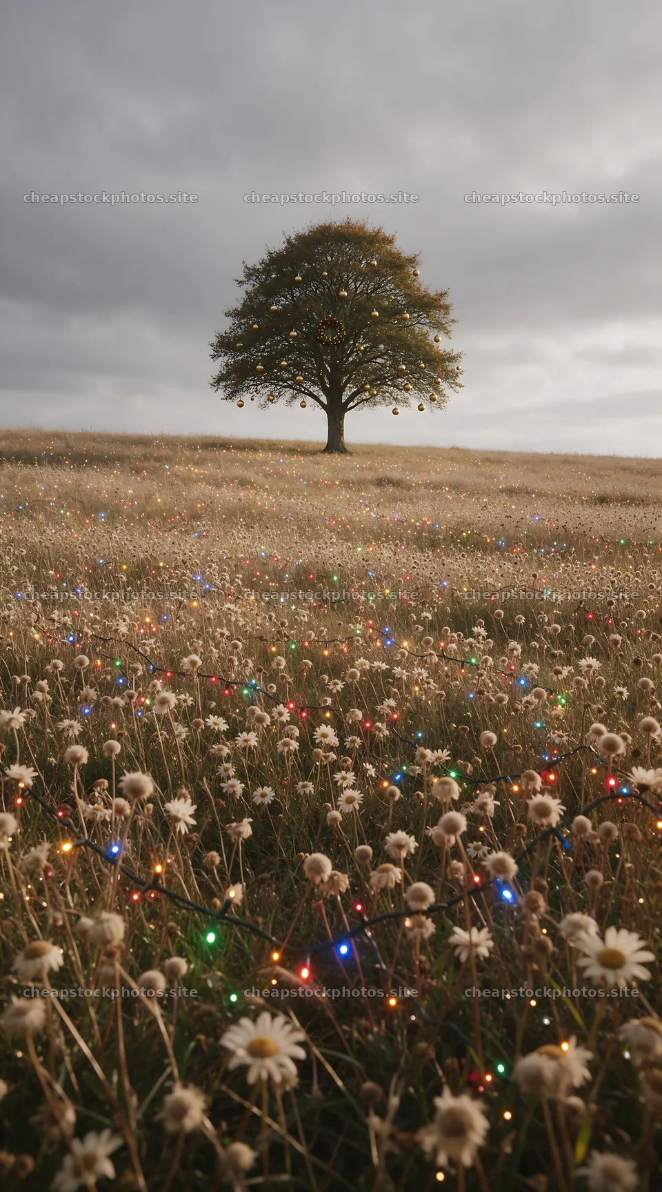 Vibrant Christmas lights across winter meadow landscape – stock photos 5916x10648