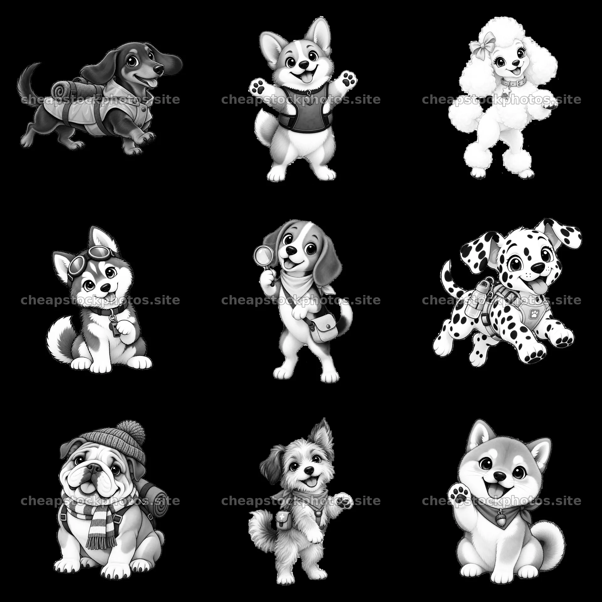 Cute K-9 cartoon dog stickers in a 3x3 grid layout – stock photos 7746x7746