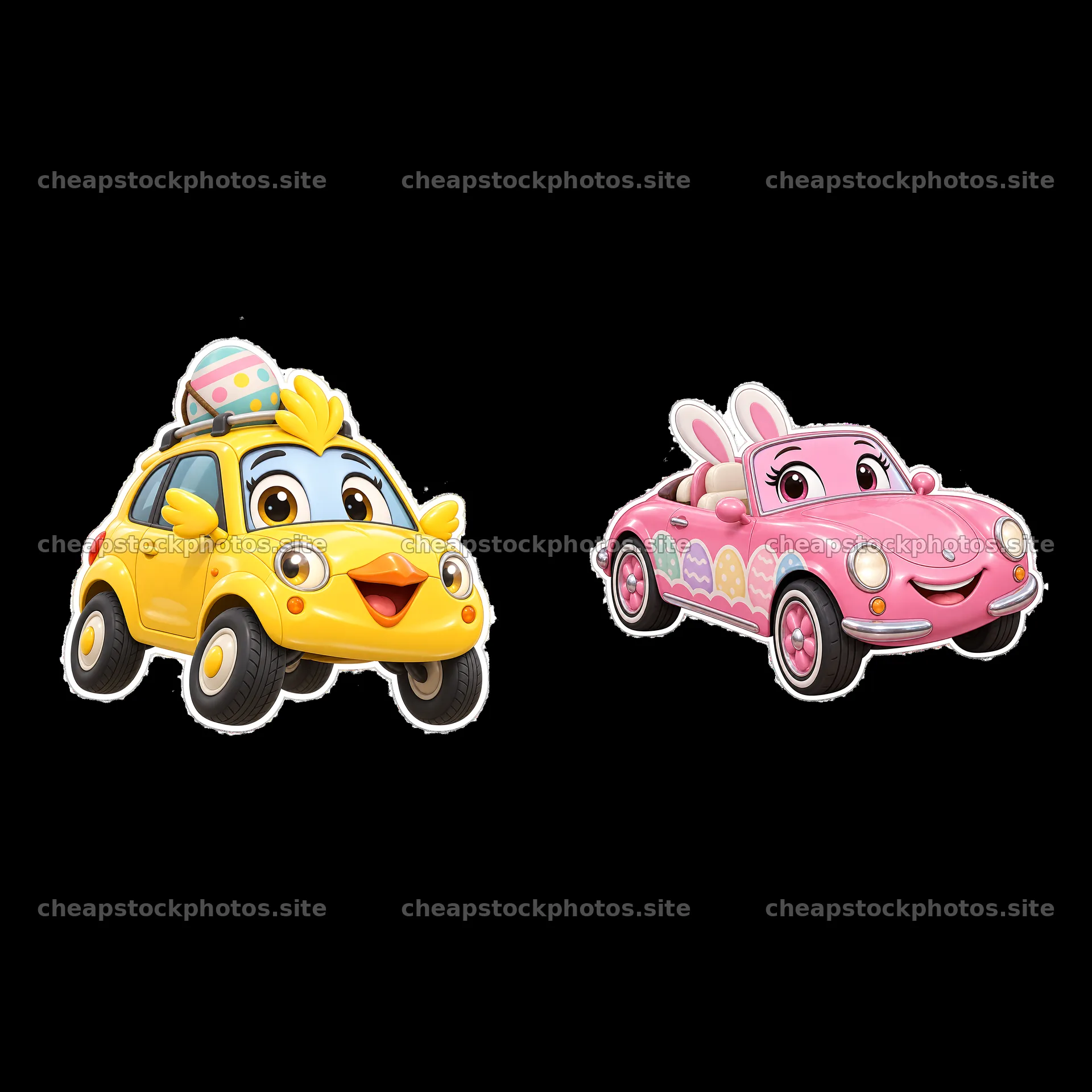 Easter car stickers with a yellow chick and a pink bunny vehicle – stock photos 7746x7746