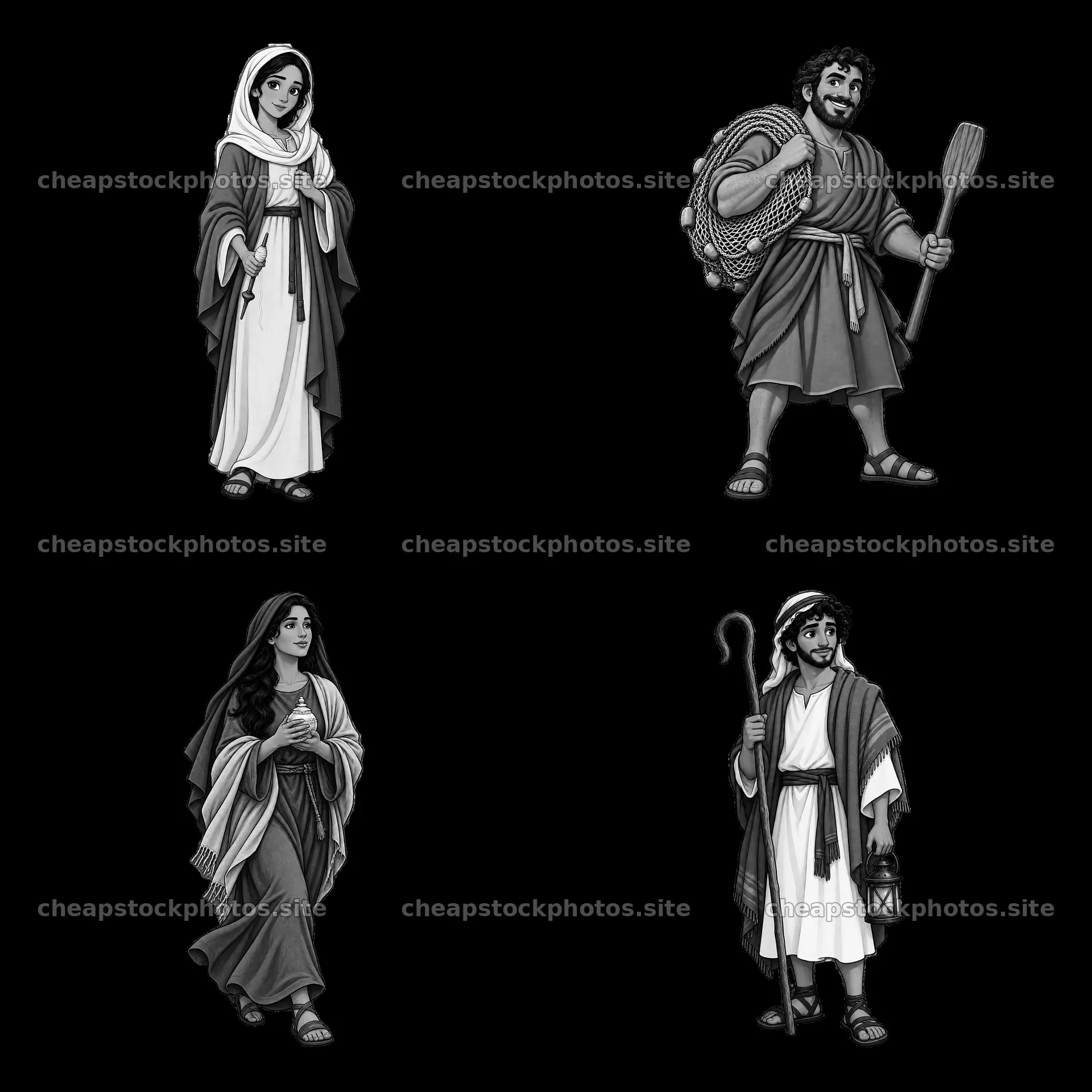 Cartoon sticker illustration of biblical characters in black and – stock photos 7746x7746
