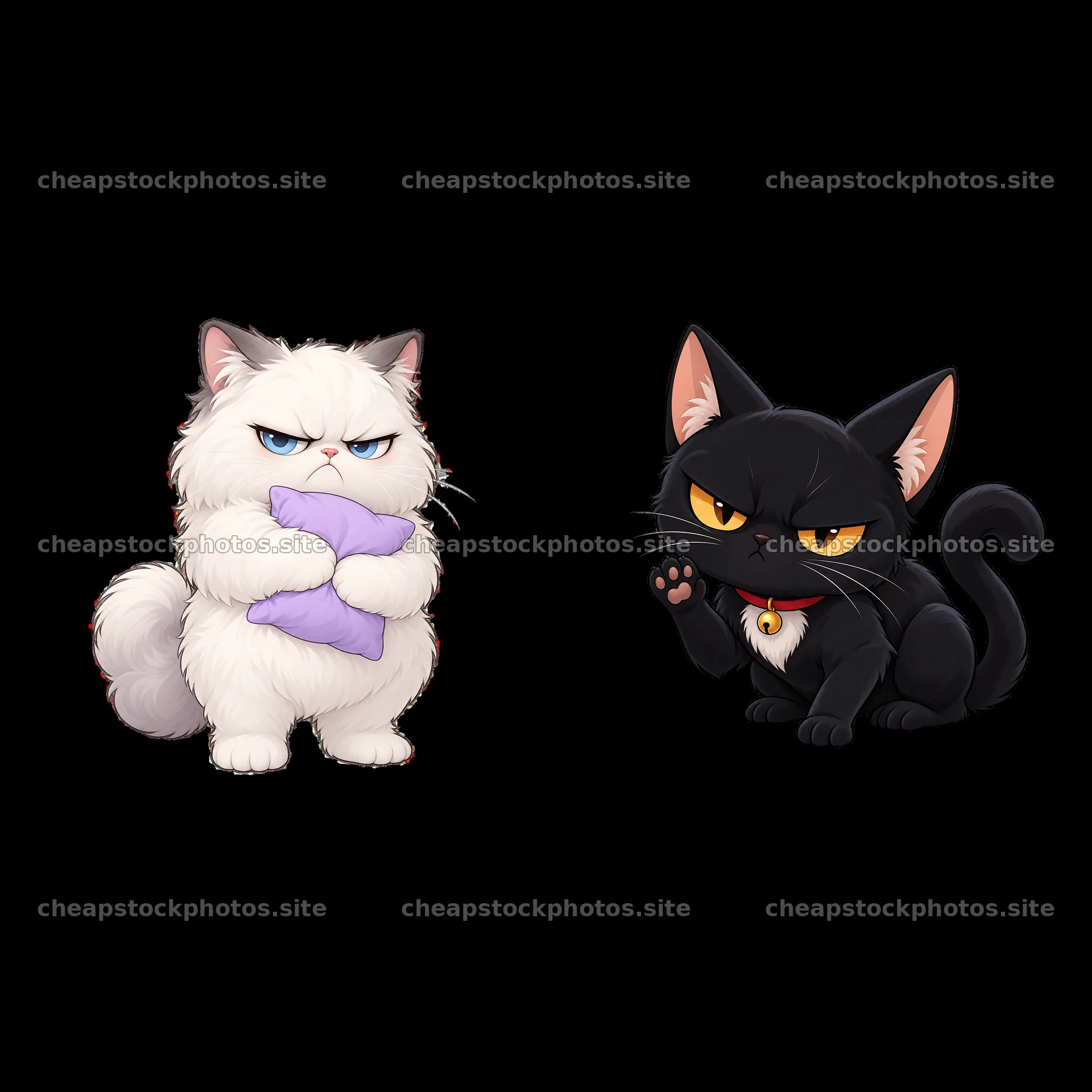 Kawaii grumpy cat duo holding a pillow and waving paw – stock photos 7746x7746