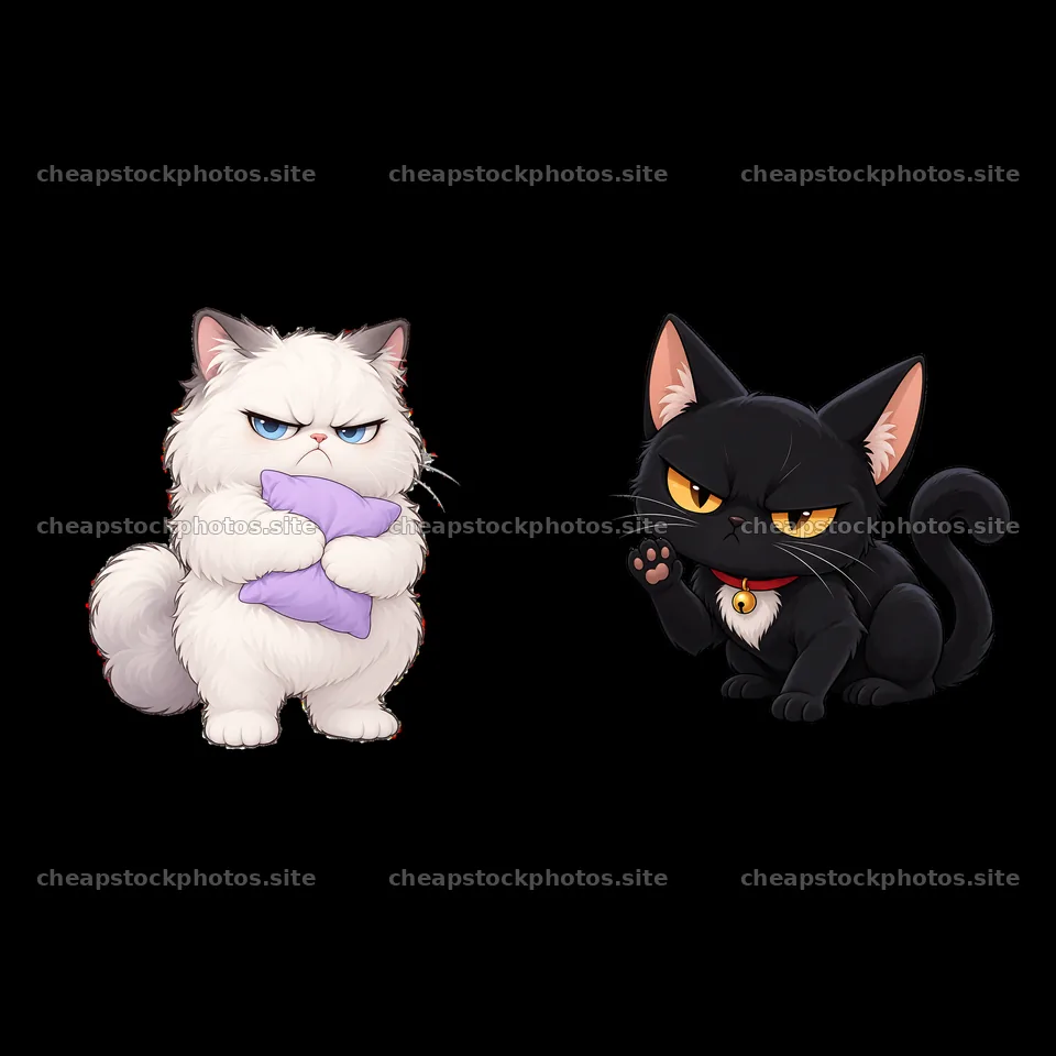 Kawaii grumpy cat duo holding a pillow and waving paw – stock photos 7746x7746