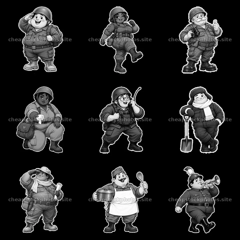 Cute ultra-chubby soldiers in various poses and activities – stock photos 7746x7746