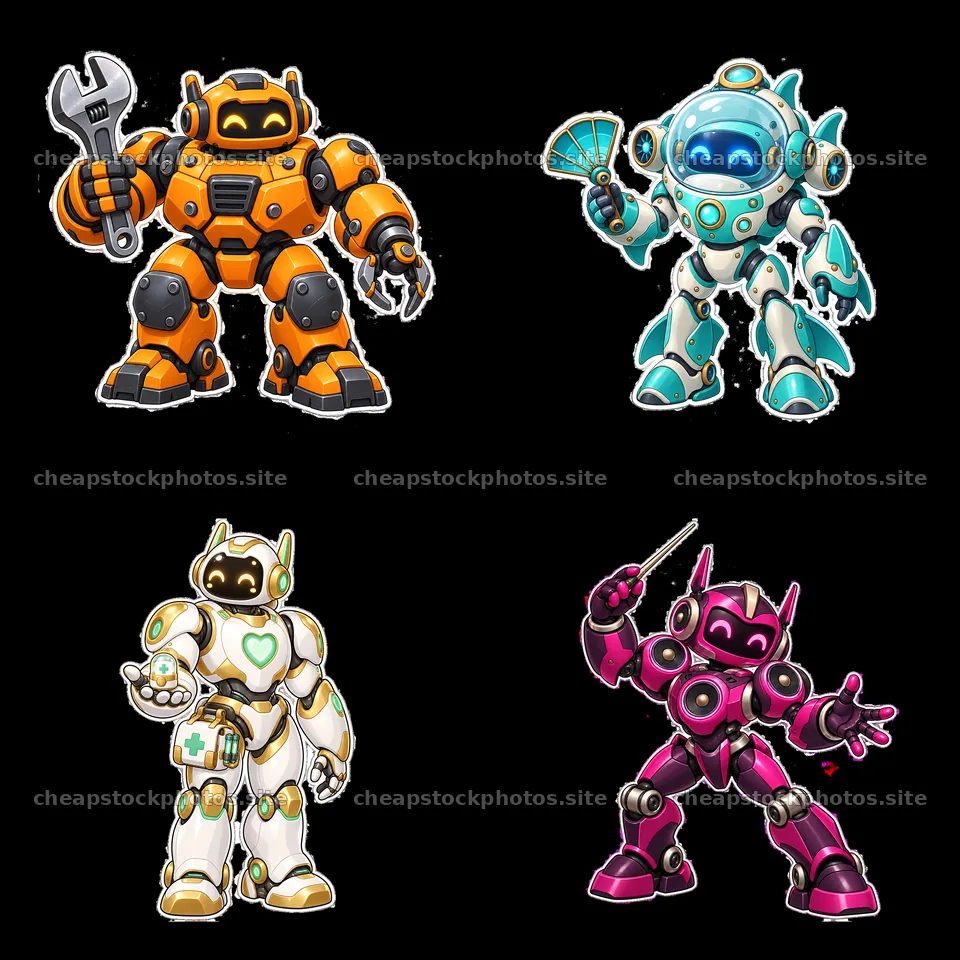 Four unique mech robot stickers in colorful designs – stock photos 7746x7746