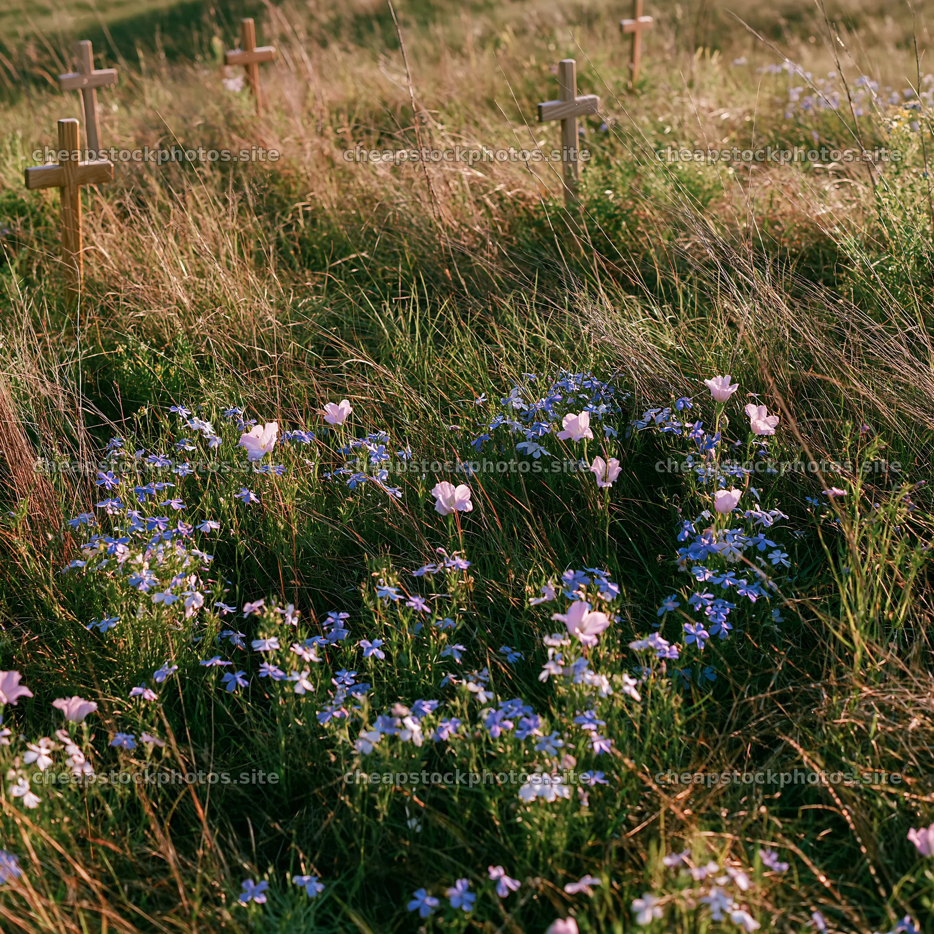 Christian crosses in a meadow with flowers – stock photos 7938x7938