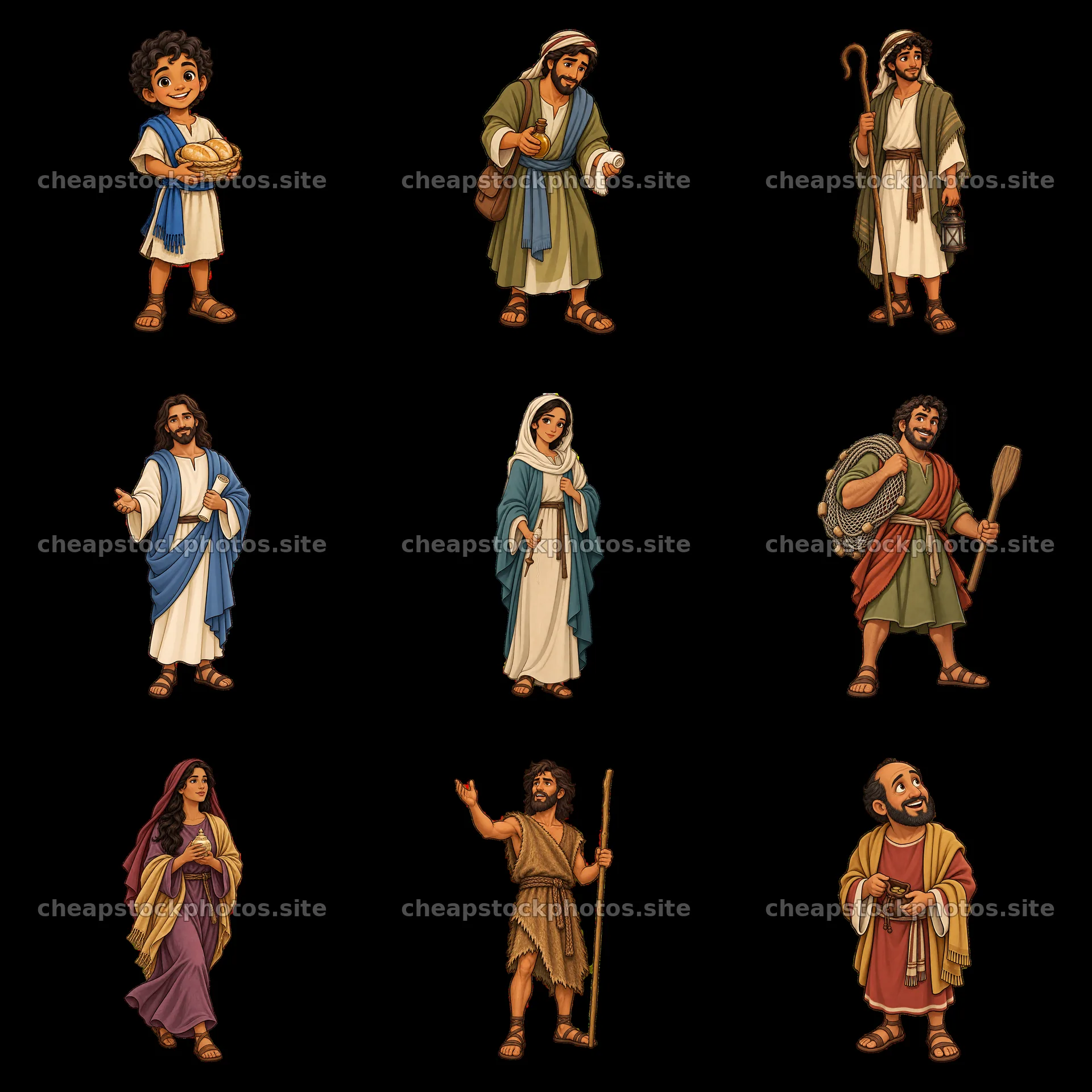 Cartoon characters depicting Jesus and biblical figures in a grid – stock photos 7746x7746