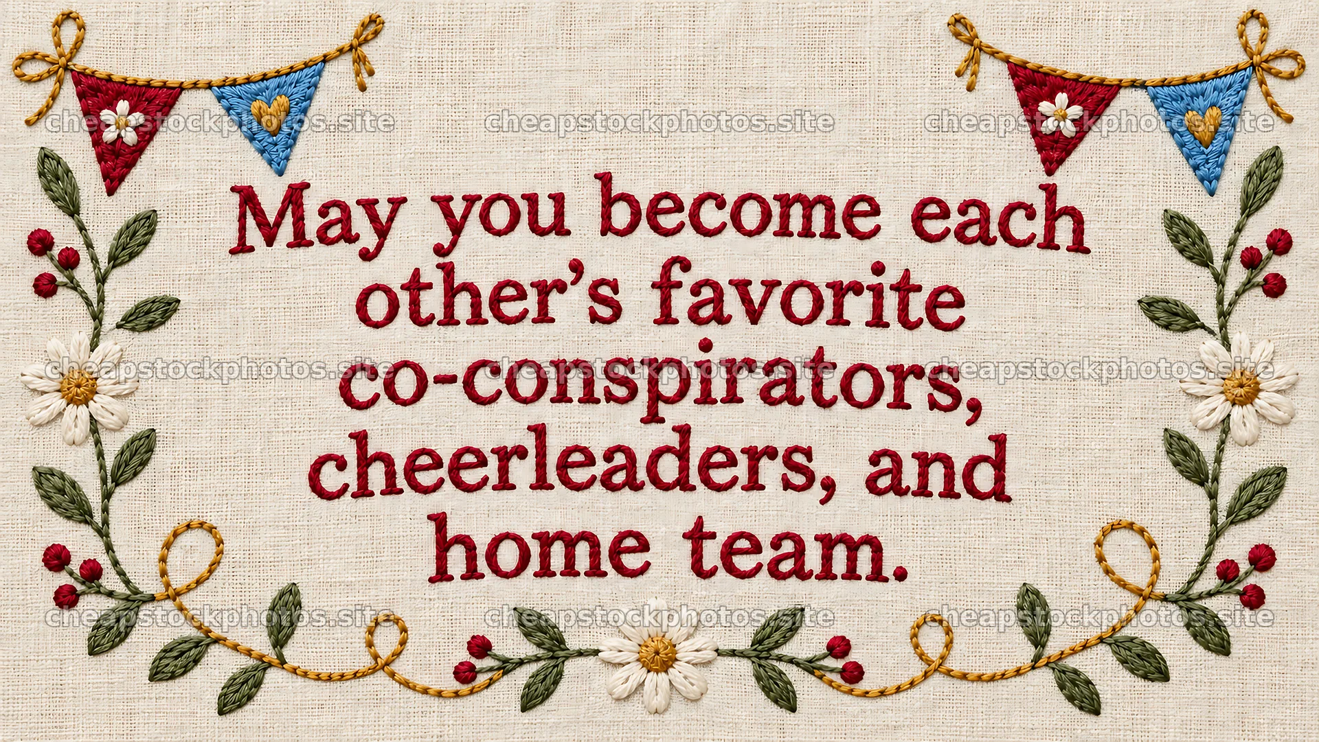 Embroidered wedding greeting with stitched message – stock photos 10324x5812