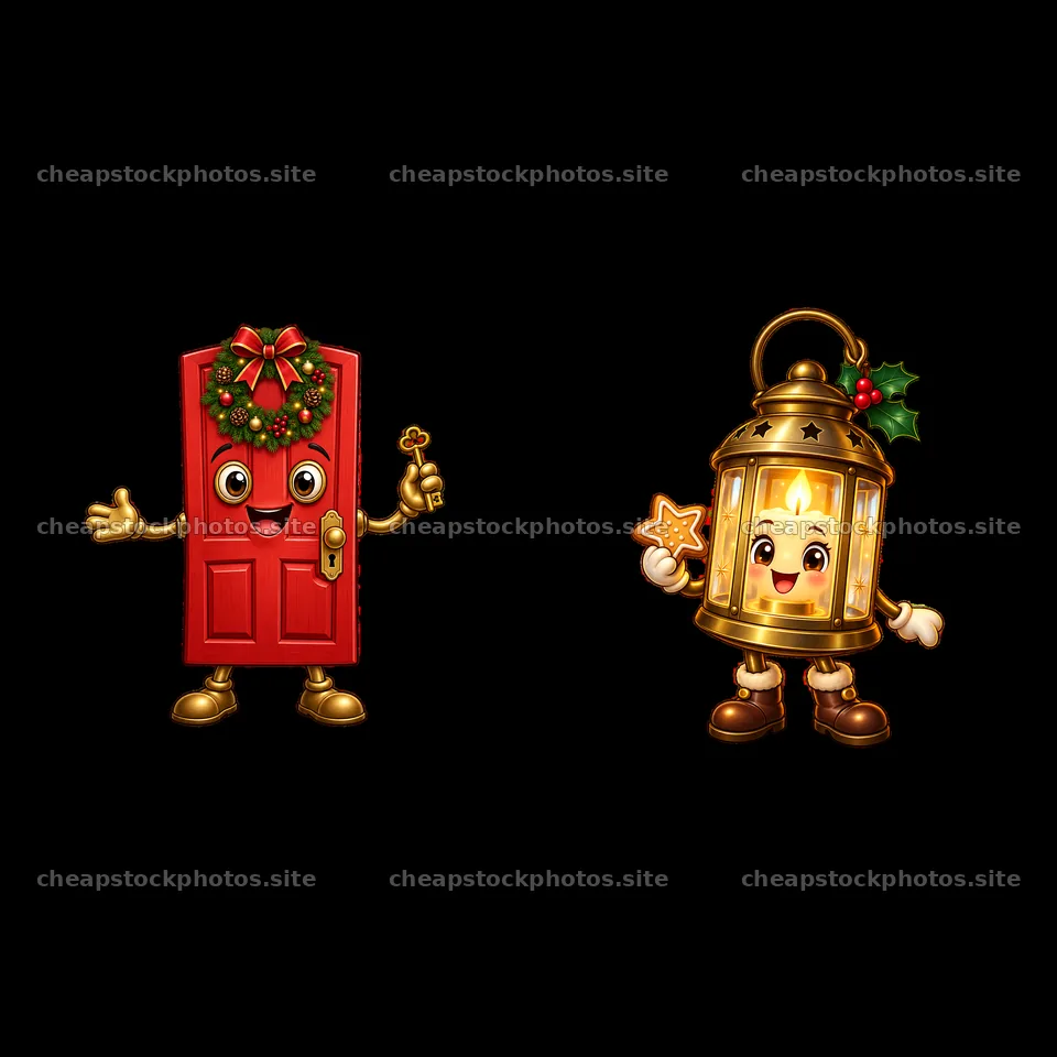 Cartoon characters of a festive door and a cheerful lantern – stock photos 7746x7746