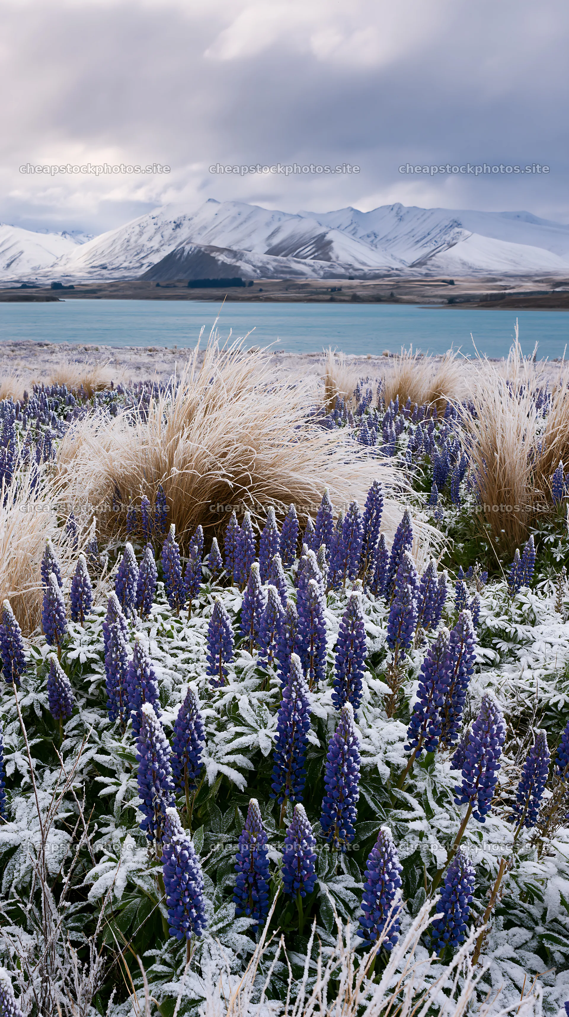 Lake Tekapo meadow with snowy alps and blooming flowers – stock photos 5938x10608