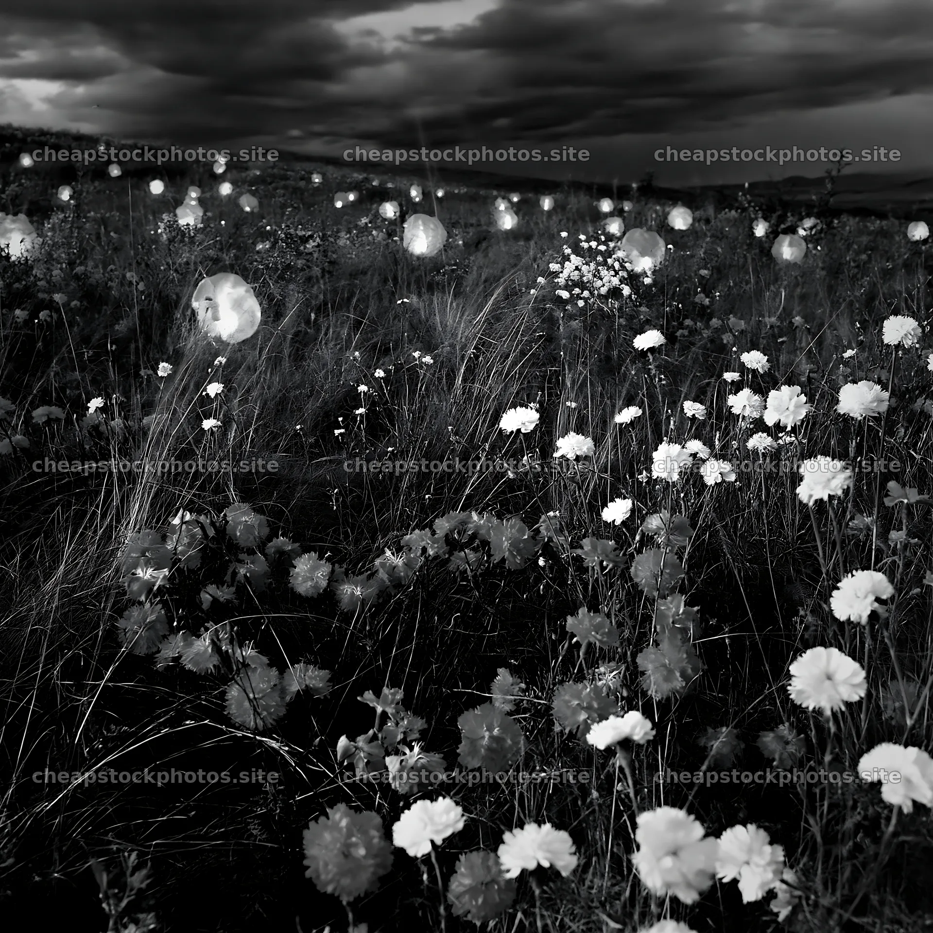 Christmas lanterns in meadow with dramatic cloud light – stock photos 7938x7938